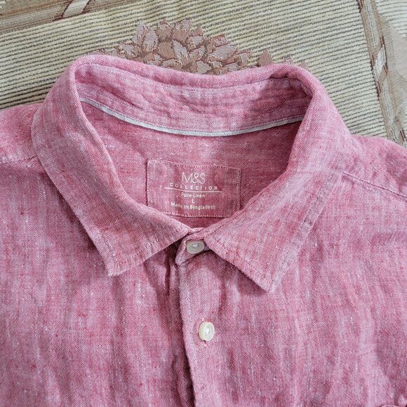 M&S Collection Shirt Mens Large Red 100% Linen Short Sleeve Casual Button Up - Picture 10 of 13